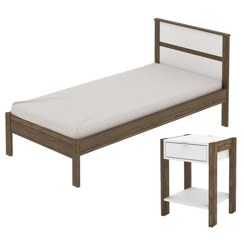 Cama Solteirocm8004 e Mesa de Cabeceira Az1016 Qt2 Nogal Branco Tecno Mobili
