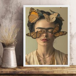 Quadro Realista Frida com Borboletas 45x34cm - com Vidro:moldura Preta - 2