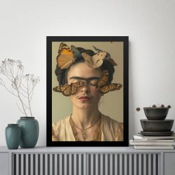 Quadro Realista Frida com Borboletas 45x34cm - com Vidro:moldura Preta - 1