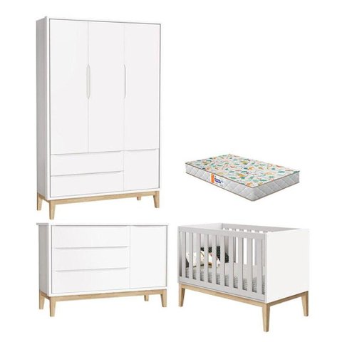 Quarto de Bebê 3 Portas New Classic Branco com Pés Madeira Natural e Colchão Gazin - Reller