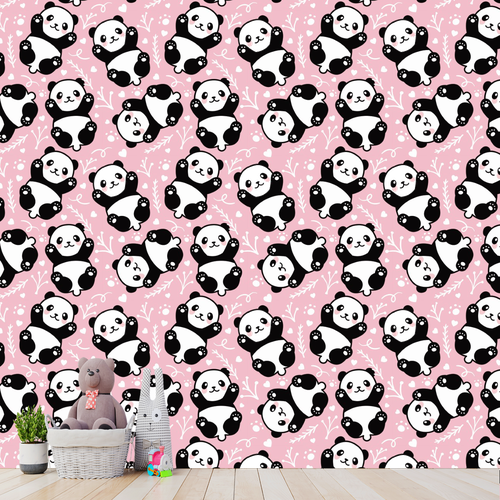 Papel De Parede Adesivo Desenho Panda Com Fundo Rosa 15m