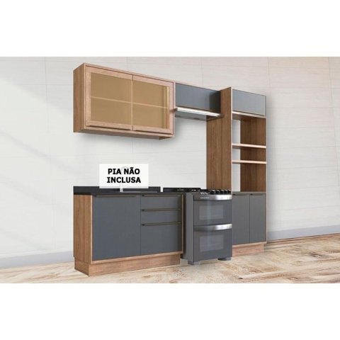Kit Cozinha Modulada 4 Peças Versalis 2 Aéreos + 1 Balcão + 1 Torre Quente C4p190 Freijó Grafite