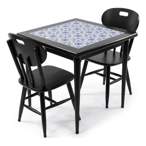 Conjunto Mesa Jantar Quadrada 80x80cm Madeira + 2 Cadeiras Cozinha Sala - Azulejo Português - Preta