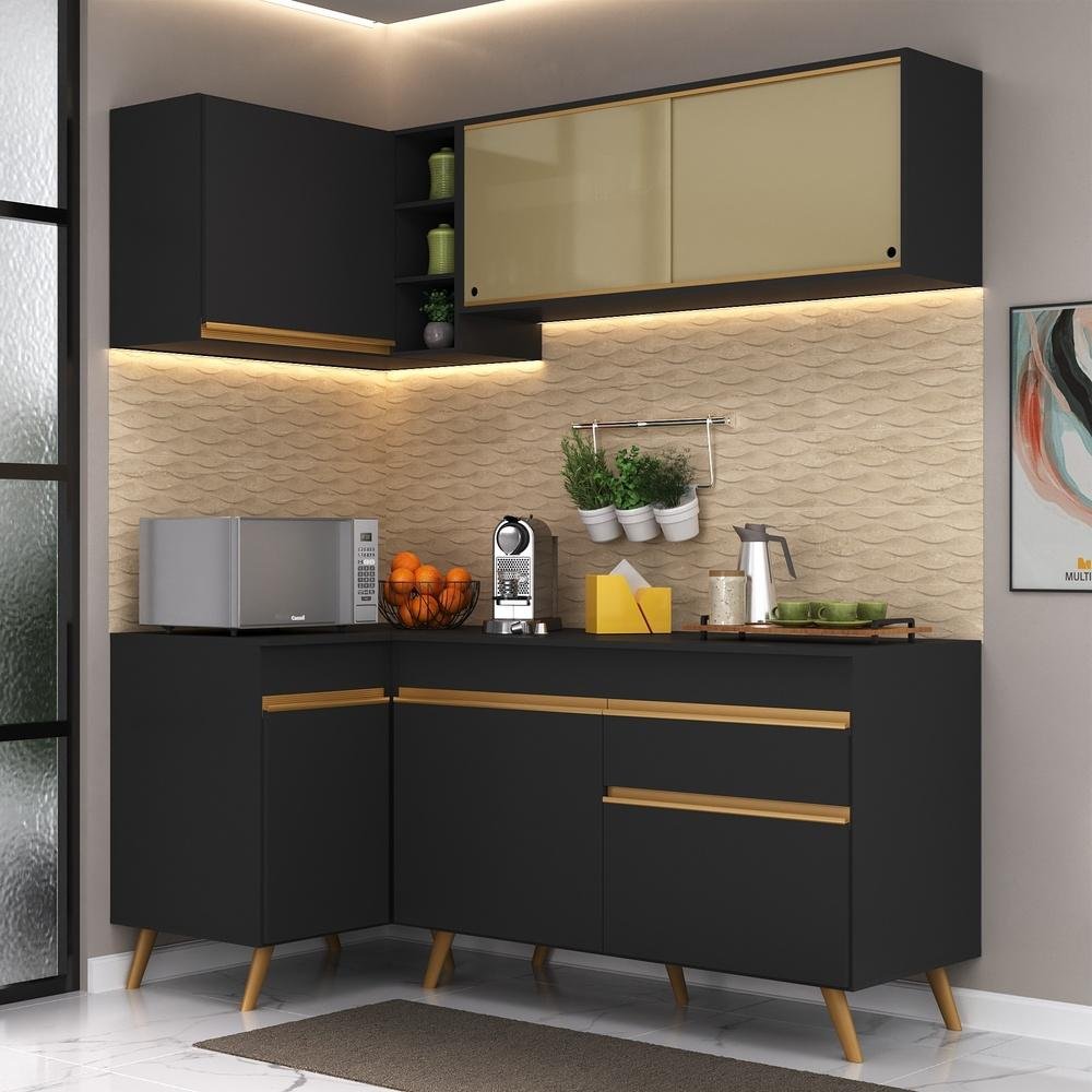 Cozinha Compacta de Canto Veneza GB Multimóveis MP2056 com Armário e Balcão Preta
