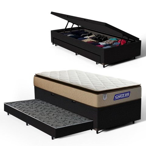Cama Box Baú com Colchão Gazin de Molas Ensacadas Pillow Top Air Pro + Auxiliar de Espuma Solteiro
