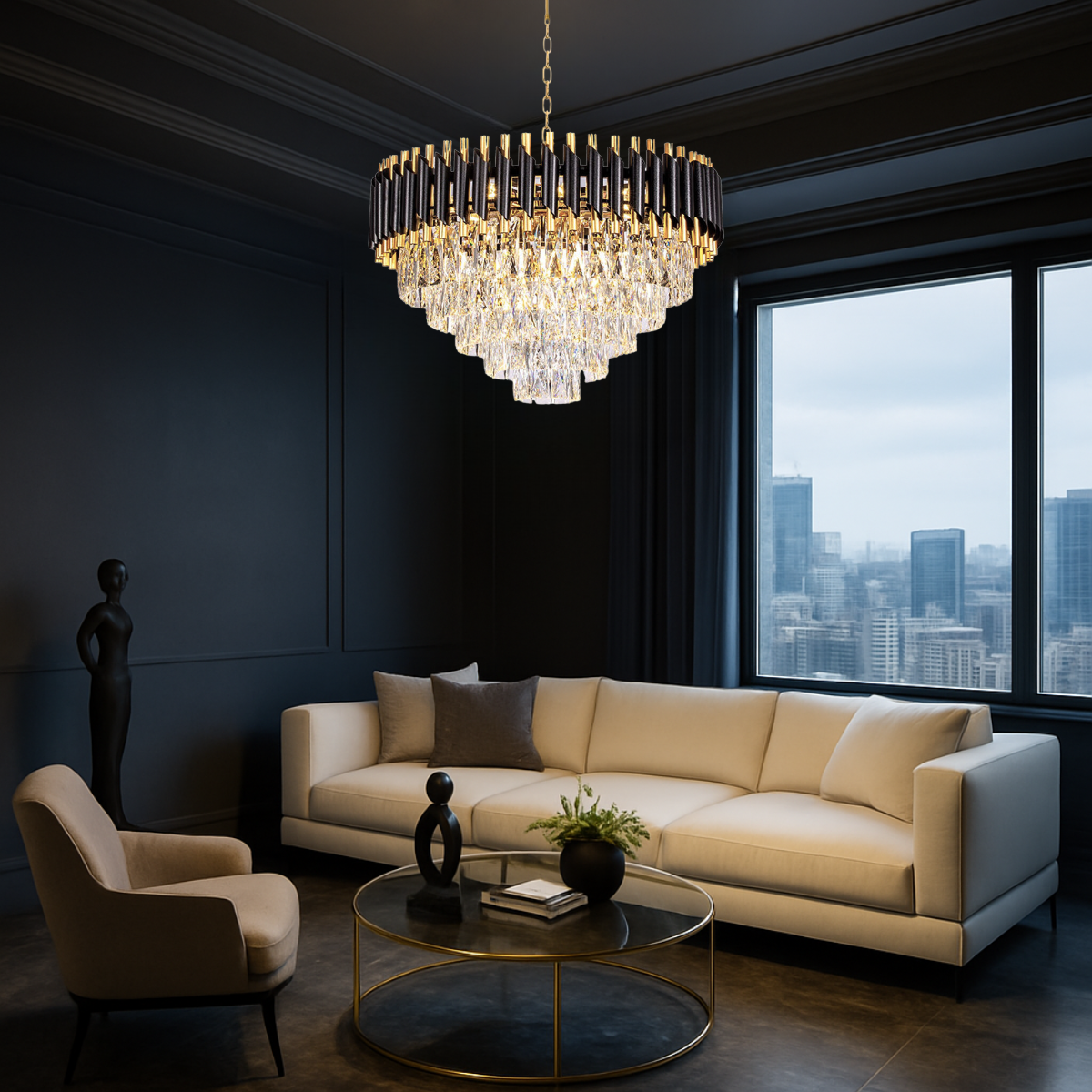 Ver imagem 6 de Lustre Pendente 60cm Vana Gold Black 133 Cristais 9xe14 Luminária Teto Gimpo Kjdd-l-420-60cm
