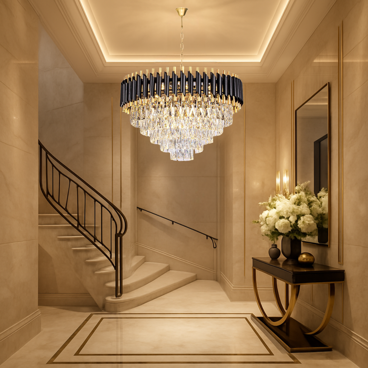 Ver imagem 2 de Lustre Pendente 60cm Vana Gold Black 133 Cristais 9xe14 Luminária Teto Gimpo Kjdd-l-420-60cm