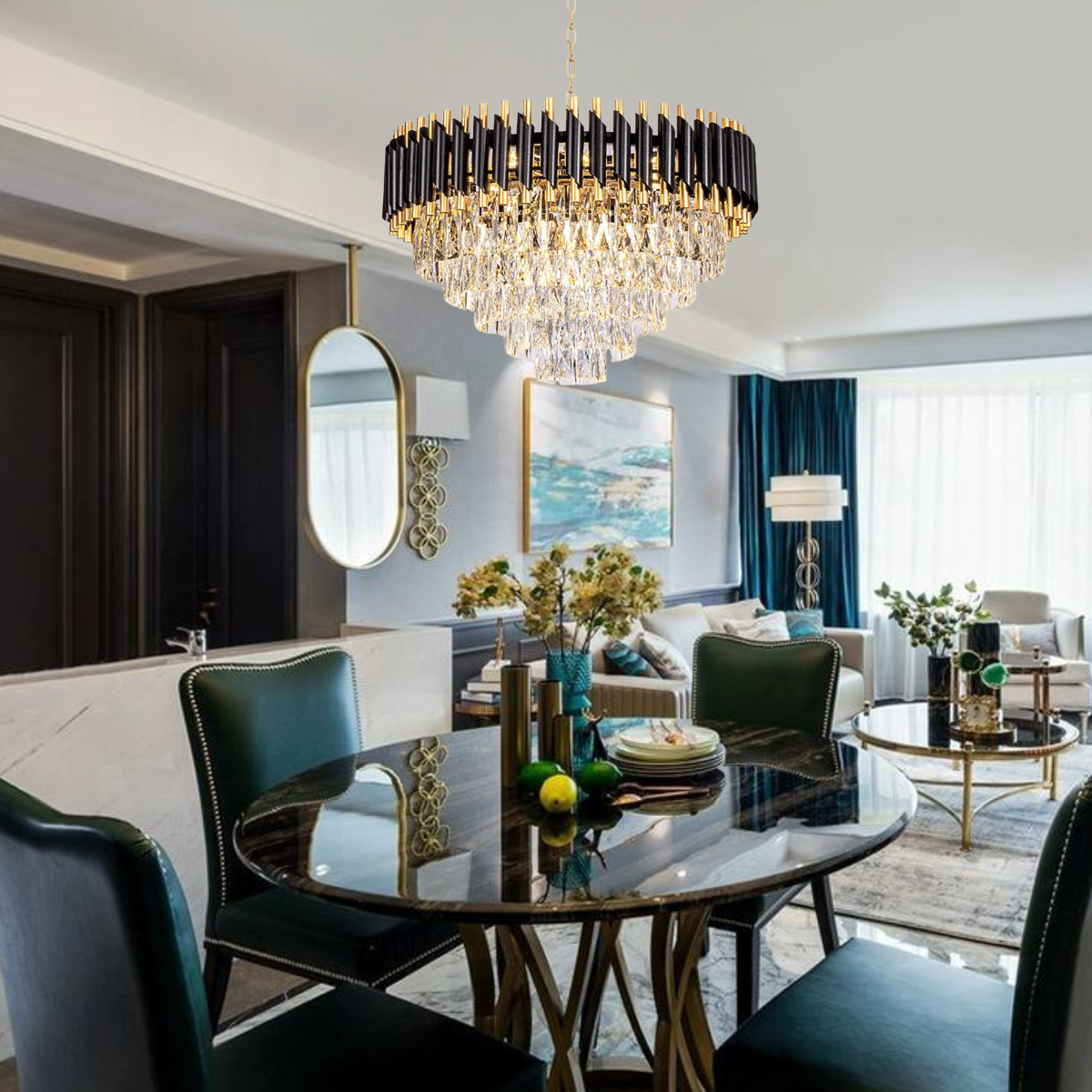 Ver imagem 3 de Lustre Pendente 60cm Vana Gold Black 133 Cristais 9xe14 Luminária Teto Gimpo Kjdd-l-420-60cm
