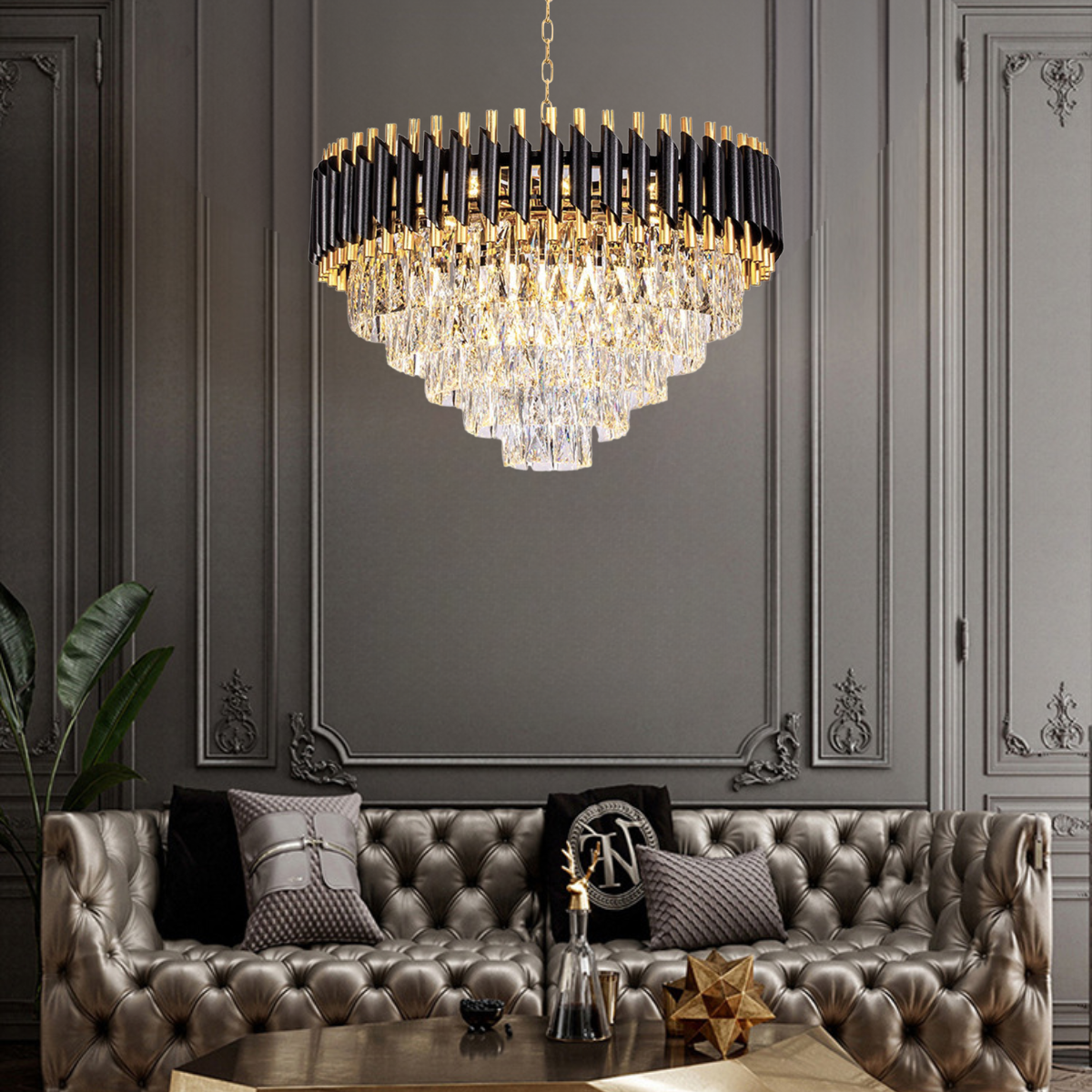 Ver imagem 5 de Lustre Pendente 60cm Vana Gold Black 133 Cristais 9xe14 Luminária Teto Gimpo Kjdd-l-420-60cm