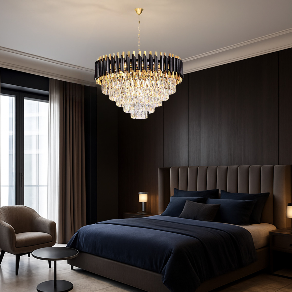 Ver imagem 4 de Lustre Pendente 60cm Vana Gold Black 133 Cristais 9xe14 Luminária Teto Gimpo Kjdd-l-420-60cm