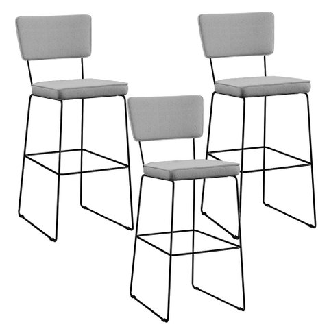 Kit 03 Banquetas Alta para Cozinha Sala de Jantar Base Aço Fixa Allana L02 Linho Cinza - Lyam