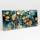 Ver imagem 1 de Kit Quadro Decorativo 3 Telas Canvas Flores Douradas em Tons de Azul Tacolado Borda Infinita 80 X 12