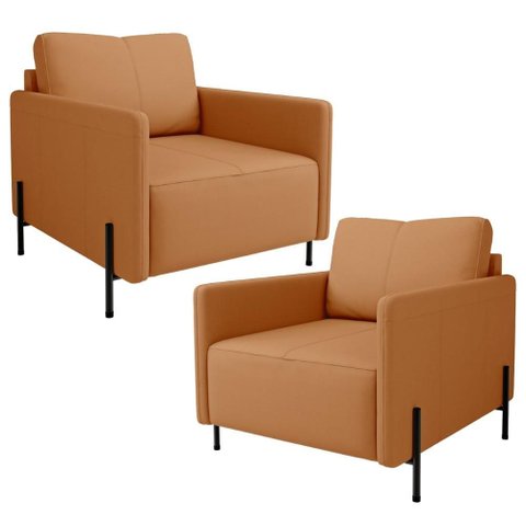 Kit 2 Poltronas Decorativa para Sala Living Pés Industrial Domani L06 Couro Caramelo - Lyam Decor