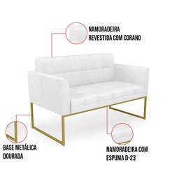 Sofá Namoradeira Elisa Corano Branco Base Metálica Industrial Dourado - D'Rossi - 6