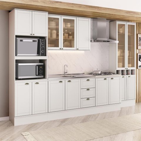 Cozinha Completa Milla Basic 15 Portas 3 Gavetas MDF 340cm Branco