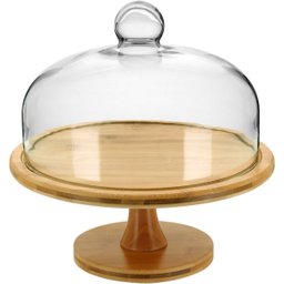 PRATO BOLO COM PÉ 29x29x29cm BAMBU NATURAL TAMPA VIDRO - 1