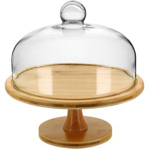 PRATO BOLO COM PÉ 29x29x29cm BAMBU NATURAL TAMPA VIDRO