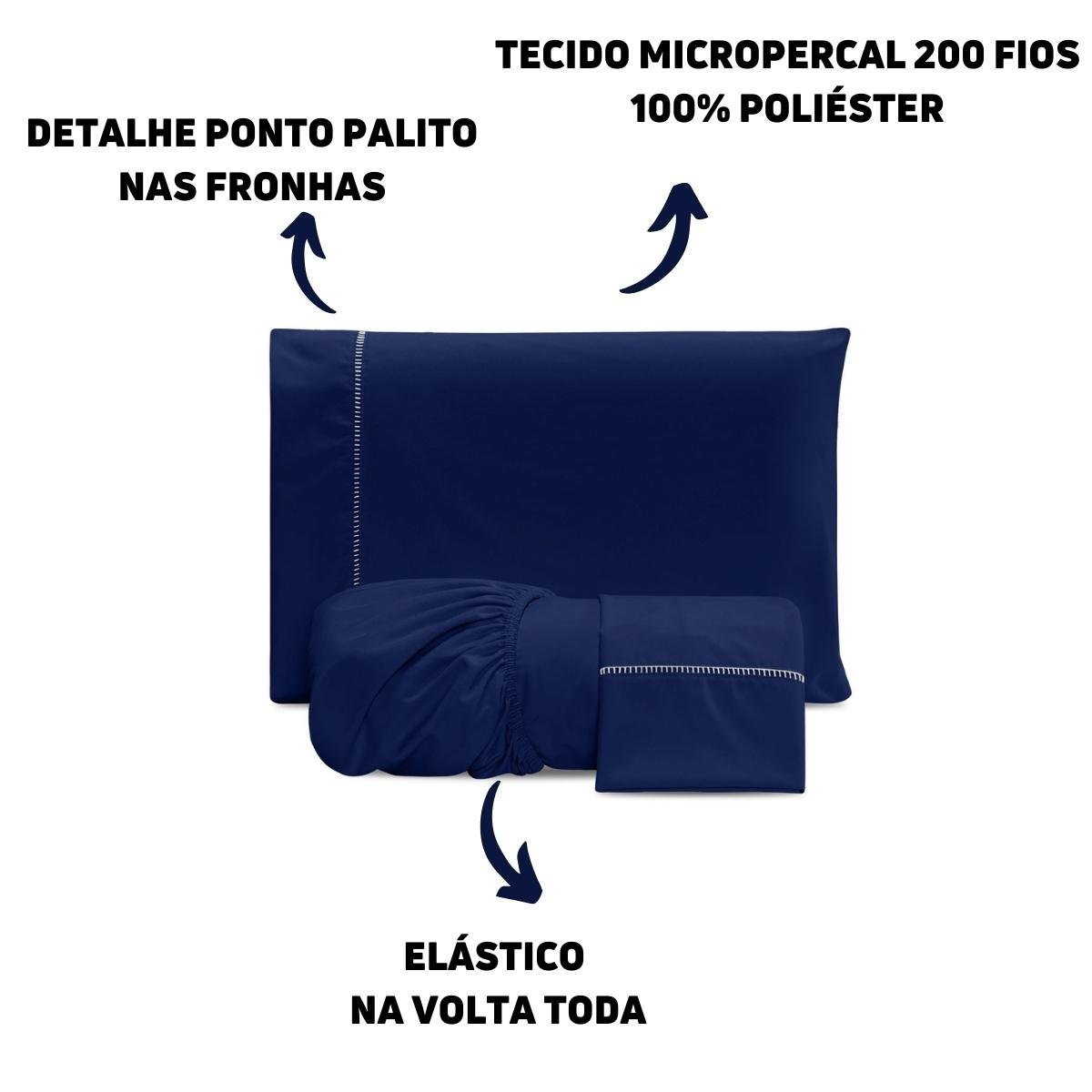 Jogo Cama Queen 400 Fios 3 Peças Micropercal Azul Marinho - 3
