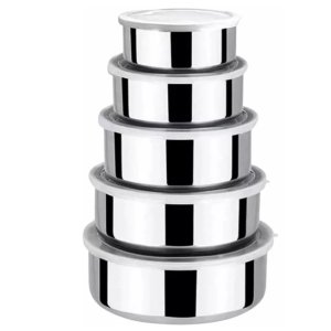 Jogo 5 Potes Inox com Tampa Conjunto Marmita Vasilha Empilhavel Armazenamento Refeiçao Alimento Orga
