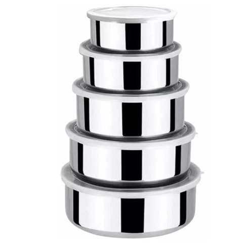 Jogo 5 Potes Inox com Tampa Conjunto Marmita Vasilha Empilhavel Armazenamento Refeiçao Alimento Orga