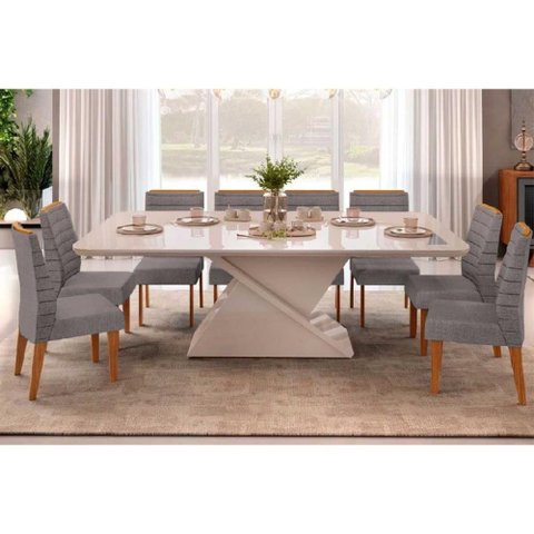 Conjunto: Mesa Sala Jantar Zafira c/ Tampo Madeirado c/ Vidro Curvo 200x100cm e 8 Cadeiras Ondina