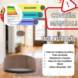 Lustre Pendente Madeira Redondo 30 Cm para Sala de Estar Sala de Jantar Cor Imbuia - 5