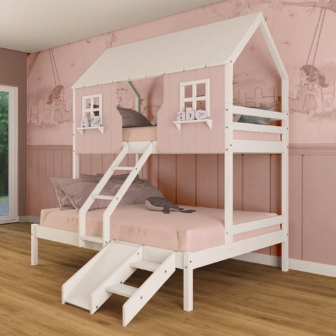 Beliche Casal/ Solteiro Casinha Encantada com Kit Escada/ Escorregador Madeira Maciça Rosa/ Branco