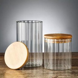 Kit Pote Vidro Canelado Tampa Bambu Mantimento Hermético - 5 Kit Pote Vidro Canelado Tampa Bambu Mantimento Hermético - 5