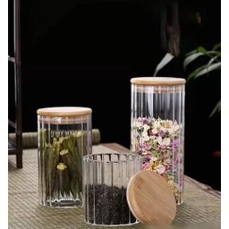 Kit Pote Vidro Canelado Tampa Bambu Mantimento Hermético - 3 Kit Pote Vidro Canelado Tampa Bambu Mantimento Hermético - 3