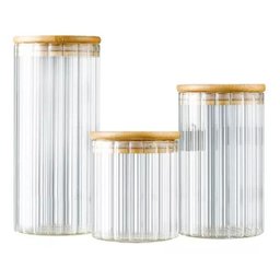 Kit Pote Vidro Canelado Tampa Bambu Mantimento Hermético - 1 Kit Pote Vidro Canelado Tampa Bambu Mantimento Hermético - 1