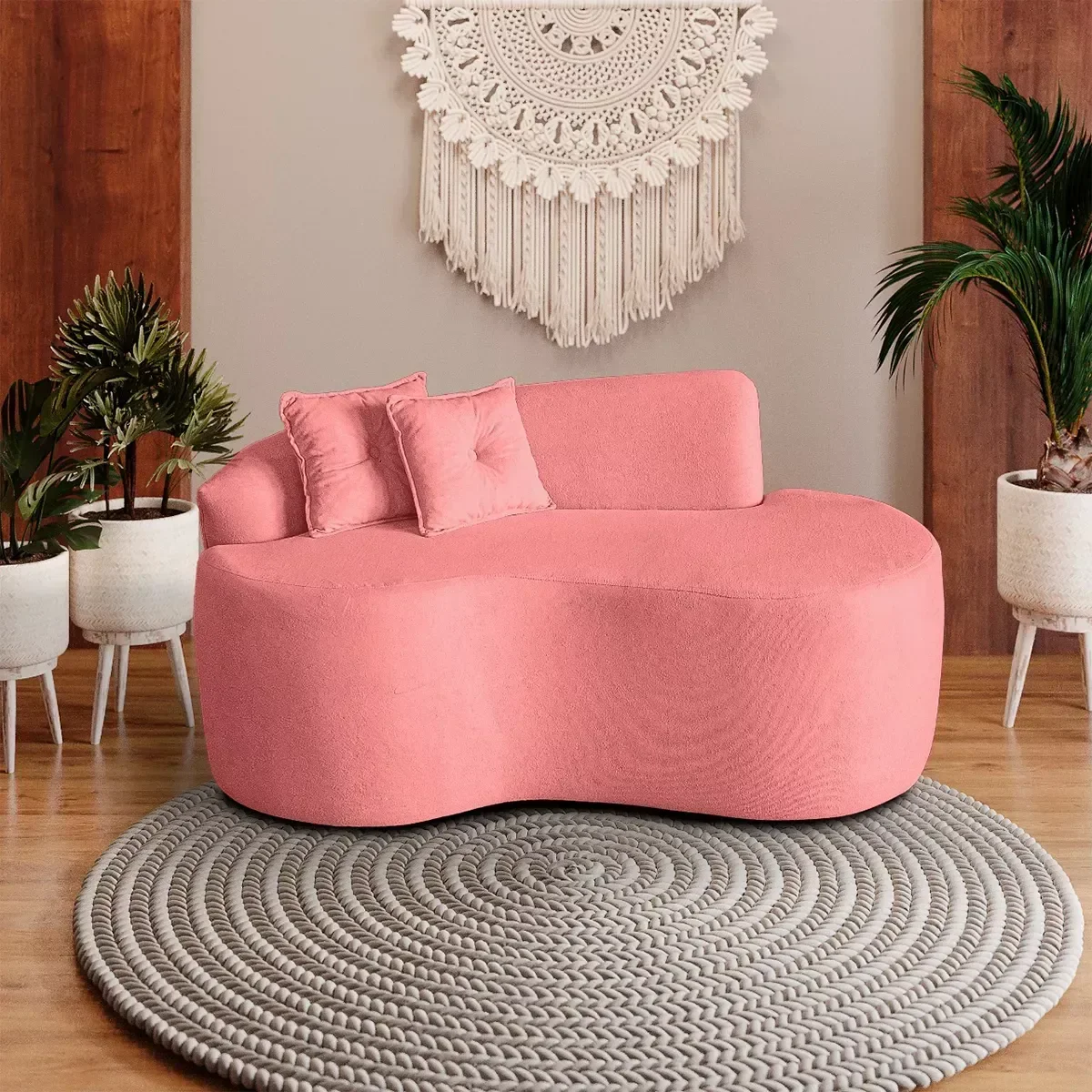 Sofá Curvo Feijão Pequeno 2 Lugares Moderno Forma Orgânica Bouclé Rosa - 6
