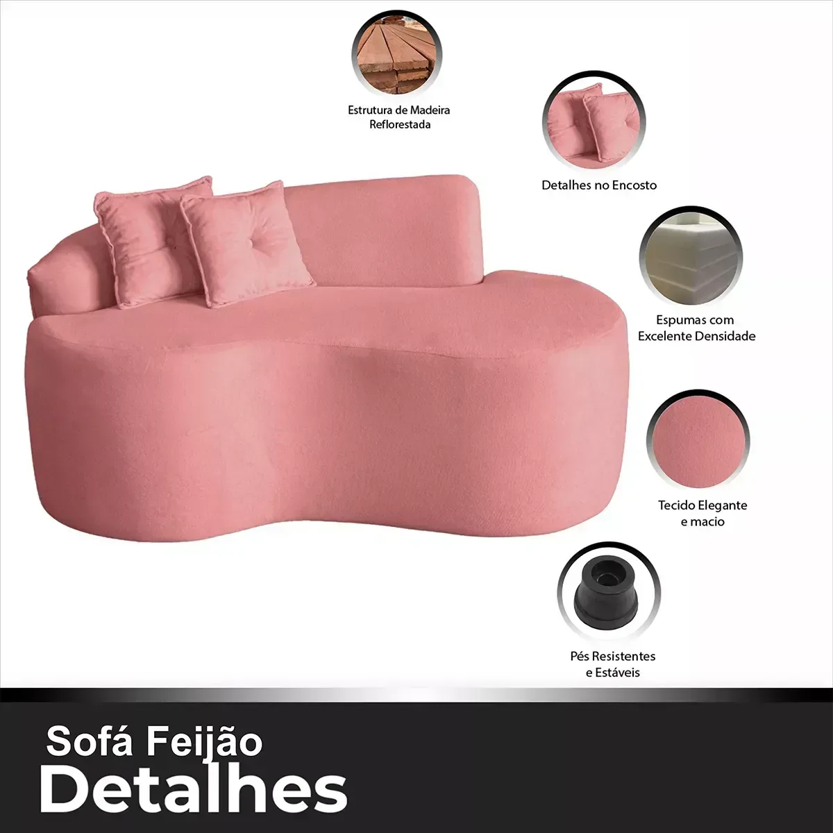 Sofá Curvo Feijão Pequeno 2 Lugares Moderno Forma Orgânica Bouclé Rosa - 7
