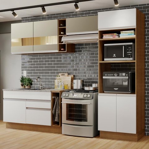 Armário de Cozinha Completa 290cm Rustic/Crema/Branco Cristal Madesa 09