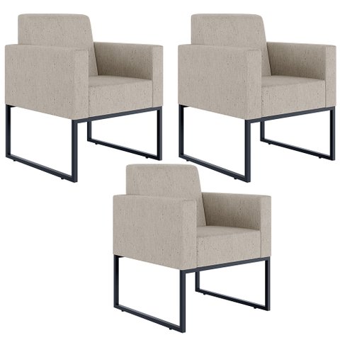 Kit 3 Poltronas Decorativas para Sala Recepção Base Fixa de Metal Helô L02 Linho Bege - Lyam