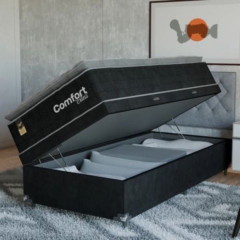 Cama Box Baú Solteiro + Colchão Comfort Class Pillow Top Preto/suede Preto