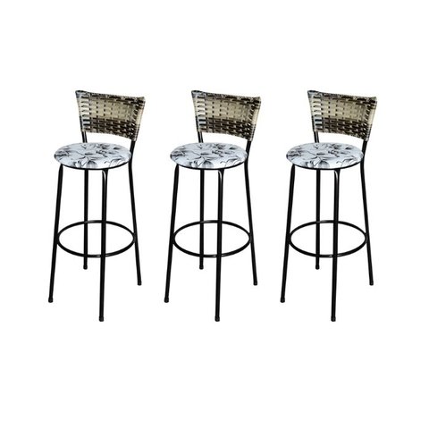 Jogo 3 Banqueta Alta Para Cozinha Ratan Cappuccino Premium Preta Estofado Floral  Floral 