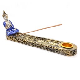 Incensário Vareta Buda Gold com Porta Velas Dourado e Azul - 3