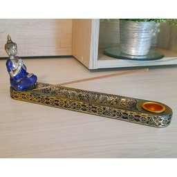 Incensário Vareta Buda Gold com Porta Velas Dourado e Azul - 4