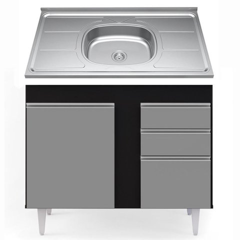 Balcão Com Pia Inox 100cm 3 Portas 2 Gavetas Preto/Cinza