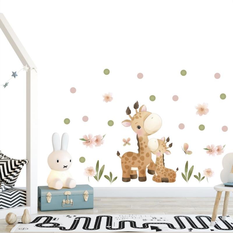 Adesivo kit infantil girafa mamãe e bebê flores