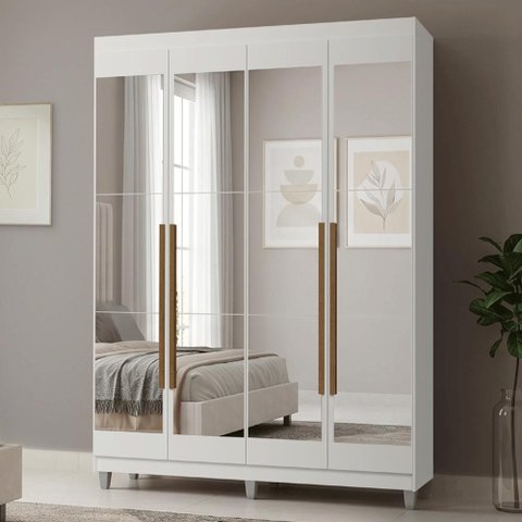 Guarda-Roupa Solteiro com Pés 4 Portas Batentes com Espelhos Branco/Branco/Rustic Netuno Madesa