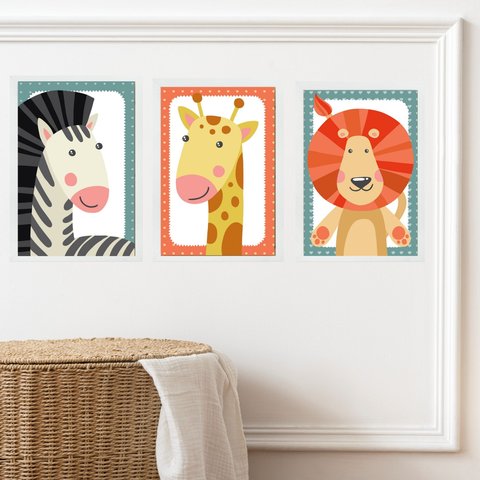 Kit 3 Quadros Infantis Bichos do Safari 33x24cm - com Vidro:moldura Preta