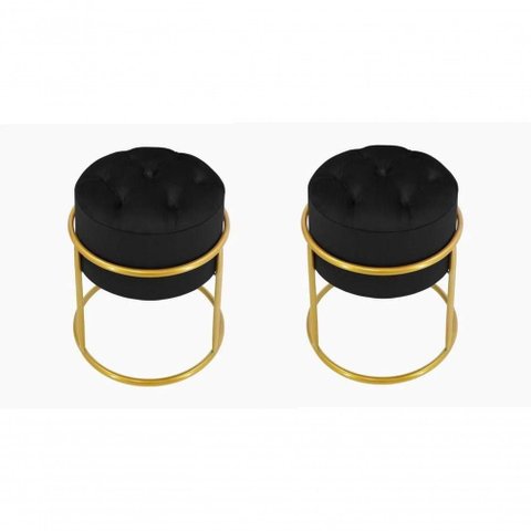Kit 2 Puff Banqueta Estofado Decorativo Base de Ferro Capitonê Suede Preto do Lar Móveis e Decora