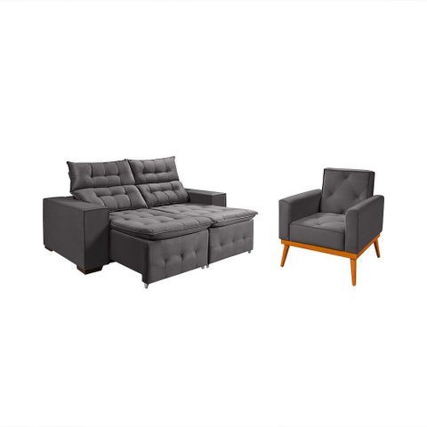 Kit Sofá Bari Retrátil Reclinável 1,90m Pillow + Poltrona Florença Espuma Premium - Grafite Veludo