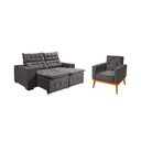 Ver imagem 1 de Kit Sofá Bari Retrátil Reclinável 1,90m Pillow + Poltrona Florença Espuma Premium - Grafite Veludo