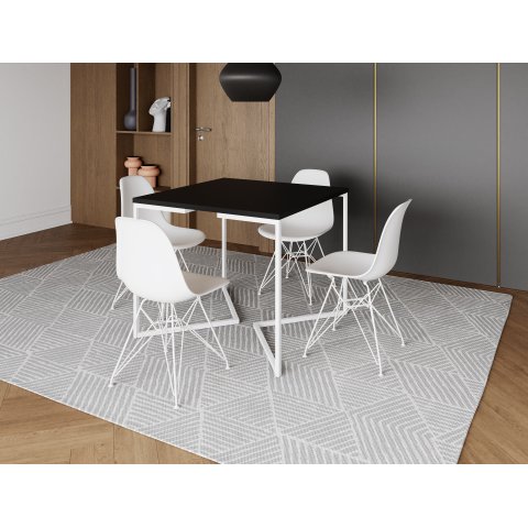 Mesa Industrial Base Ferro Branco em V Tampo 90x90 Preto 4 Cadeiras Eames Ferro Assento Branco