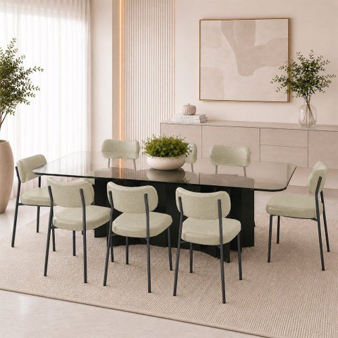 Kit 8 Cadeiras Sala de Jantar Lisa Pés Preto Linho Bege m² - Monari Design