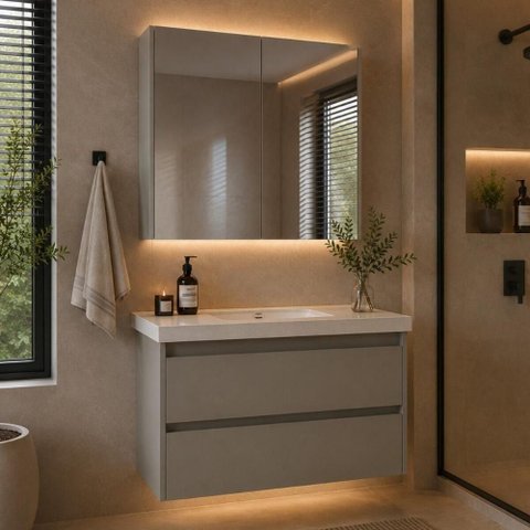 Conjunto de Banheiro Gabinete com Pia e Espelheira CR10173 2 Portas 2 Gavetas MDF 82cm Cinza