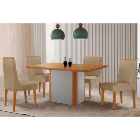 Conjunto: Mesa Sala Jantar Pietá Tampo Curvo 120cm+4 Cadeiras Dakota Madeira Naturale/off White -