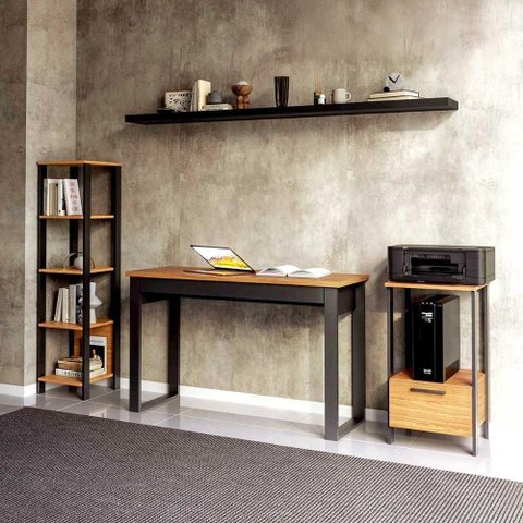 Mesa Escritório com Estante Mesa de Apoio e Prateleira Industrial 1 Gaveta MDF Preto Fosco